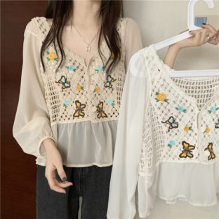 かぎ針編みショートシフォンシャツ