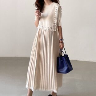 レースステッチプリーツワンピース